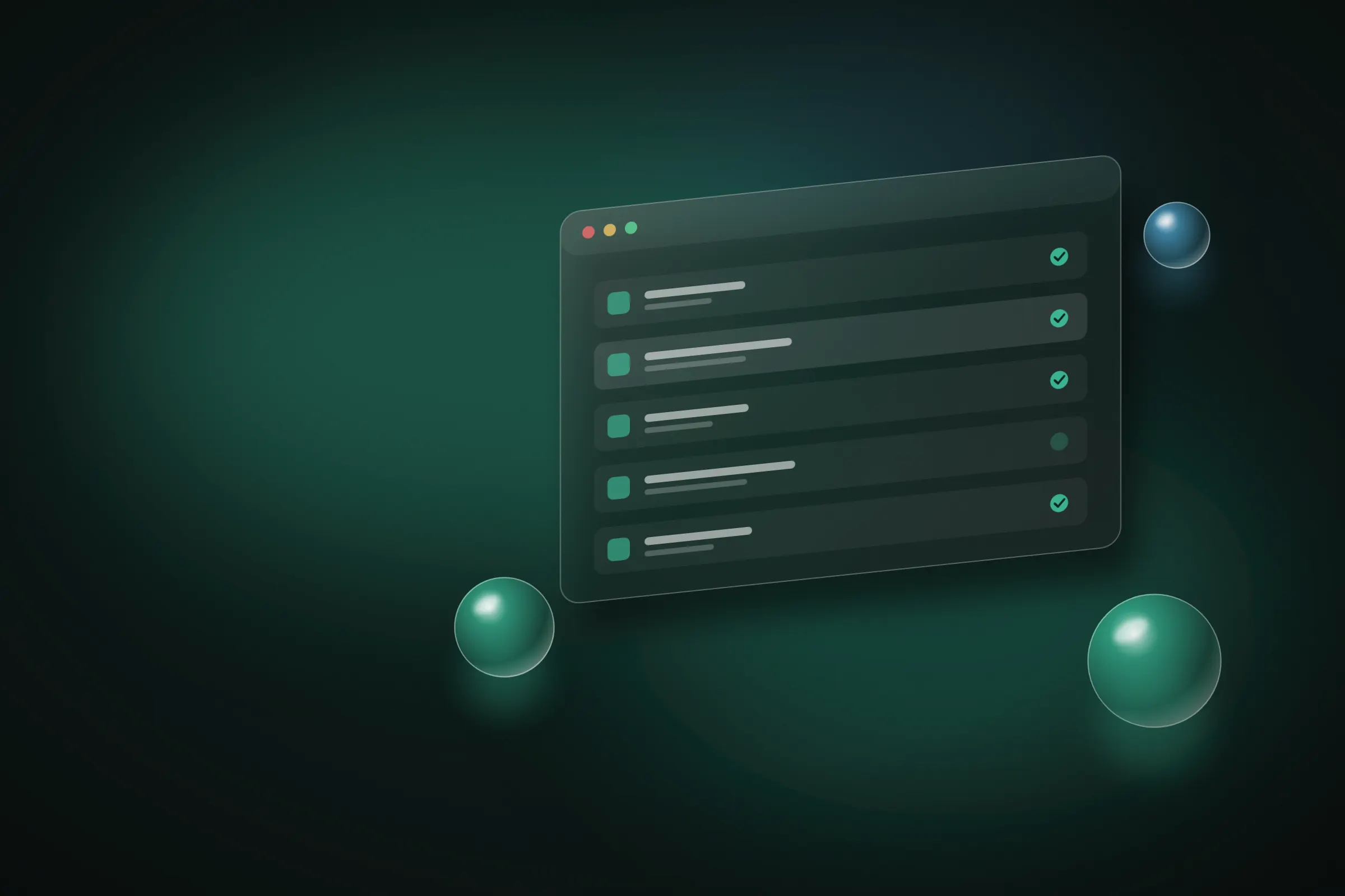 Abstract floating glass app window listing verified packages, with glass spheres around it.