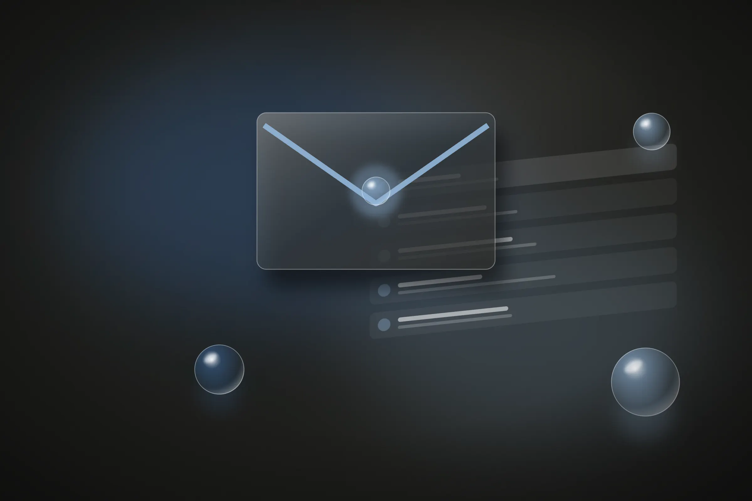 Abstract glass envelope sealed with a blue dot, floating over stacked glass message rows.