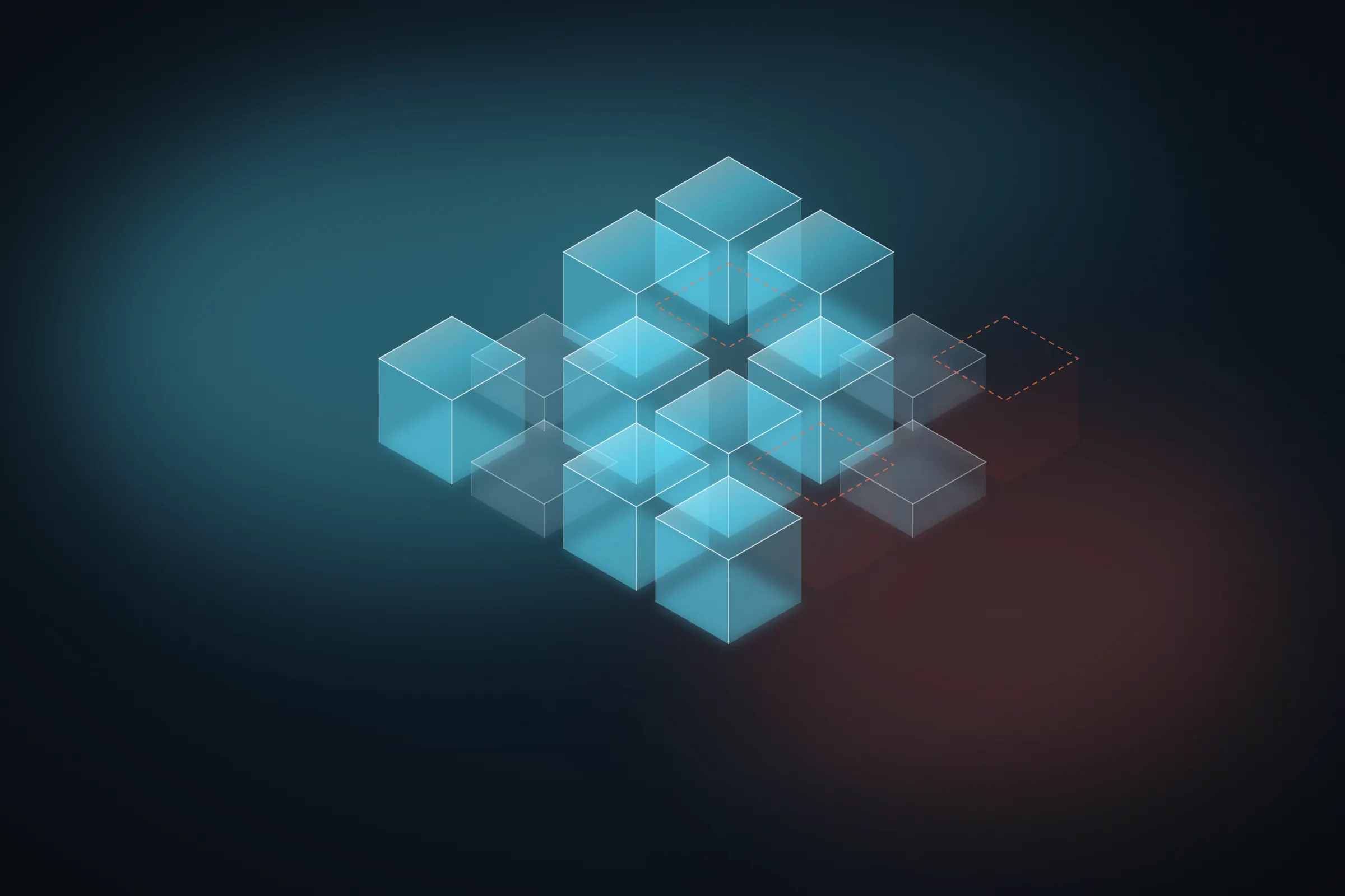 Abstract 4 by 4 grid of glass cubes: cyan cubes kept, dim cubes thinned, dashed coral outlines cut.
